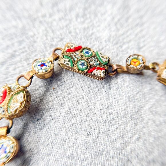 Antique Italian Micro Mosaic Bracelet - Gilt Brass - Estate Costume Jewelry - Picture 8 of 16